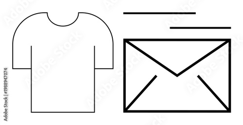 E-commerce, branding, fashion delivery, online shopping, product promotion, communication. Black and white graphics show a t-shirt and an envelope. E-commerce and branding concepts