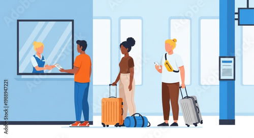 People standing in line at an airport check-in counter with luggage waiting for their travel documents and flight information
