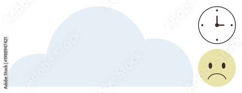 Weather forecast, time management, mood tracking, emotional states, procrastination, abstract art. A cloud, clock and sad face. Mood tracking and time management concepts