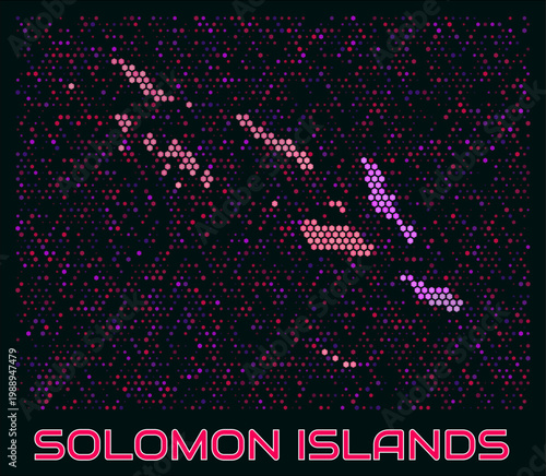 Solomon Islands digital style hexagon map. Vibrant magenta purple pink neon dotted shape. Country tiny bright hexagon cells. Solomon Islands honeycomb map design. Modern Vector Illustration.