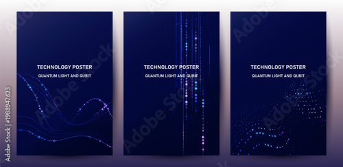 Futuristic Quantum Computing Poster Set with Glowing Light Waves and Digital Qubit Data Visualization