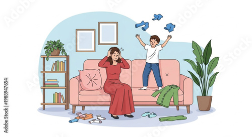 Mother feeling overwhelmed by messy room and playful energetic child jumping on couch, chaos and disarray
