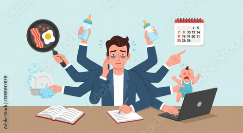 Overwhelmed businessman juggling work and family responsibilities in a chaotic multitasking scenario