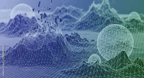 Abstract Digital Landscape with Wireframe Terrain and Floating Spheres