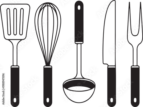 Minimalist Black and White Kitchen Utensils Line Art Icons for Cooking and Culinary Design