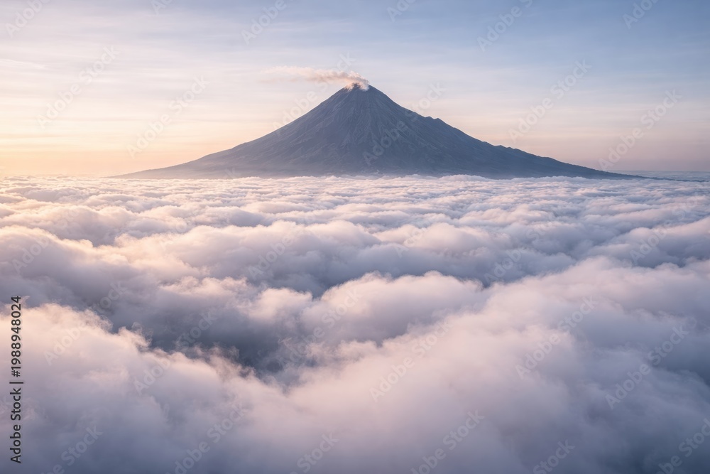 Fototapeta premium Majestic volcanic mountain peak emerging from fluffy clouds at sunrise with golden light