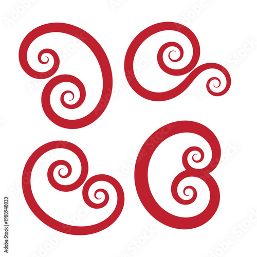 Red swirls on white background, four symmetrical curls abstract shapes
