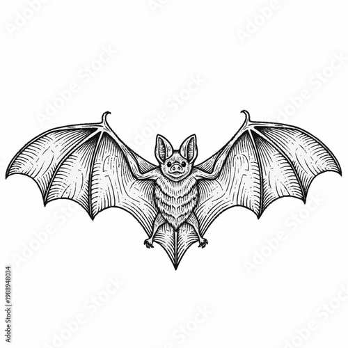 Detailed illustration of a bat with outstretched wings.