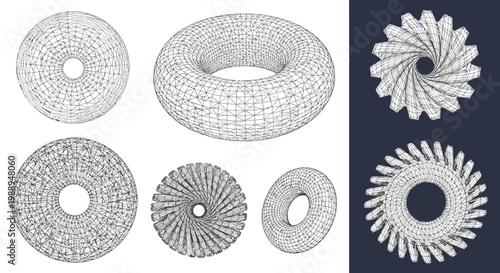 Abstract Geometric Torus and Gear Shapes Wireframe Renderings