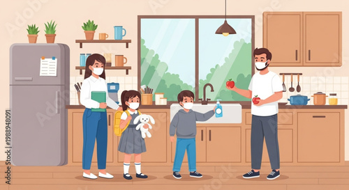 Family demonstrating essential health and hygiene practices, wearing face masks and using hand sanitizer, as they prepare for their day in the kitchen during a global health crisis