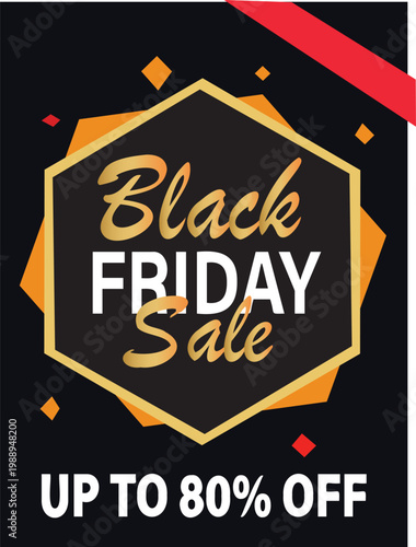 Black friday sale banner with golden hexagon badge, modern discount promotion up to 80 percent off vector eps file