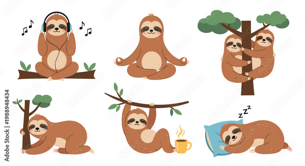 Fototapeta premium Cute sloth character set doing various activities including sleeping, meditating, drinking coffee, and listening to music.