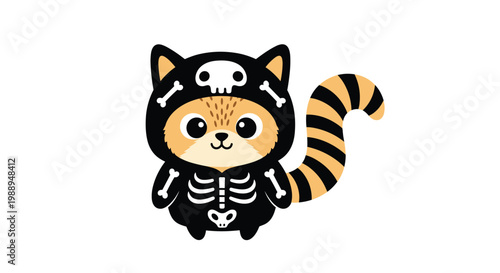 Cute cartoon character dressed in a black skeleton costume with bone patterns and a skull hat for Halloween celebration.