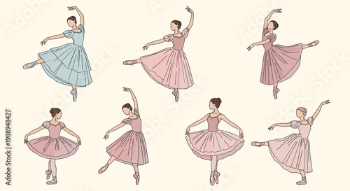 Elegant sketches of ballerinas in pink and blue dresses performing various professional ballet dance poses and movements.