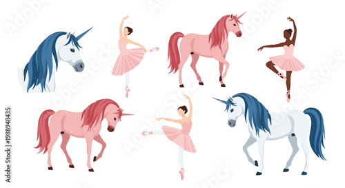 Magical collection of graceful ballerinas in pink tutus and majestic unicorns with pink and blue manes for children's design.