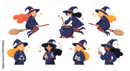 Magical set of cute young witches flying on brooms, brewing potions in a cauldron, and holding mystical magic bottles.