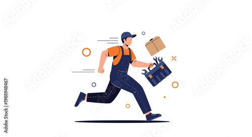 Energetic delivery worker or repairman running with a toolbox and a cardboard box package for incredibly fast service.