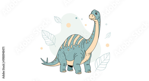 Majestic long-necked brachiosaurus dinosaur walking among falling leaves in a prehistoric nature scene, isolated on white.
