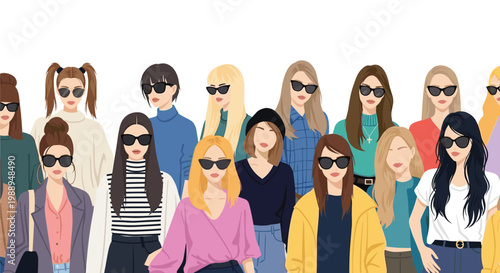 Large group of diverse young women in fashionable clothes wearing various styles of sunglasses on a white background.