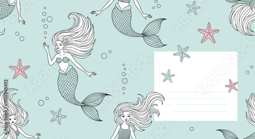 Enchanting mermaid pattern background with starfish and bubbles featuring a blank white box for message or text.