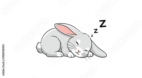 Cute little grey bunny sleeping peacefully with its eyes closed and zzz symbols representing nap time on white background.