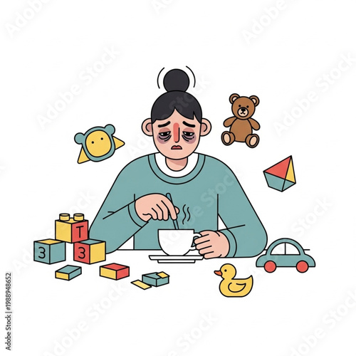Depicting a woman experiencing exhaustion and stress from the demands of parenting, surrounded by a chaotic scene of children's toys, seeking solace in a warm beverage