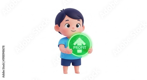A cheerful 3D animated boy character presenting a glowing green profit increase symbol