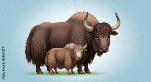 Illustrative depiction of a large yak and its adorable calf showcasing their furry appearance