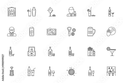 Bar icon set. Vector illustration of bar and party symbols. Includes beer, cocktail, wine, barman, whiskey, vodka, champagne, martini, tequila and more. Editable stroke.