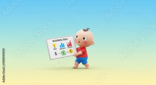 Charming infant character presenting a strategic blueprint for entrepreneurial success and future