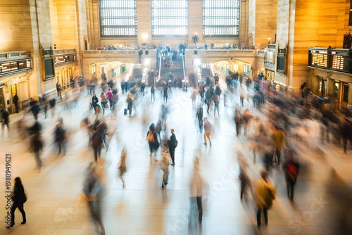 A subway station with commuters rushing captured in slow speed