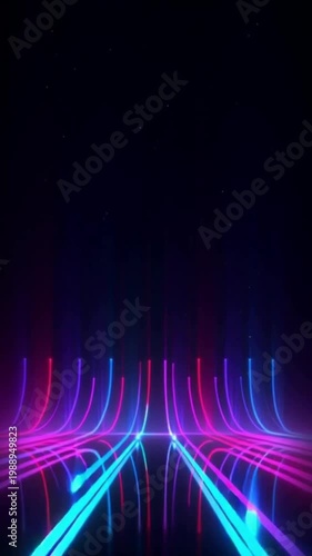 Abstract futuristic neon light streaks forming a perspective pathway against a dark backdrop with subtle star-like particles