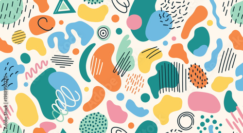 Abstract Memphis Style Seamless Pattern with Hand Drawn Organic Shapes and Scribbles