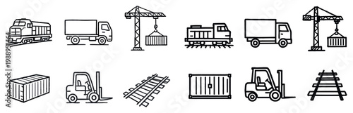 Logistics icons with train truck crane outline symbols