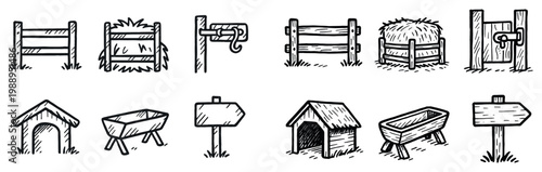 Farm icons with fence trough rustic