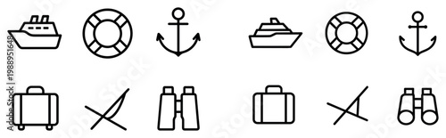 Travel icons with ship anchor suitcase outline
