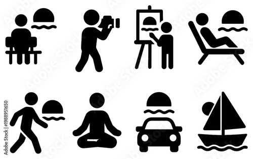 Leisure icons with sun boat person minimal