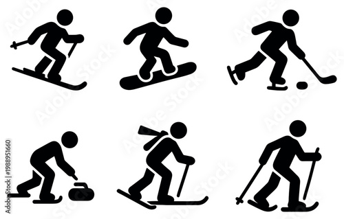 Winter sports icons with ski snowboard hockey bold