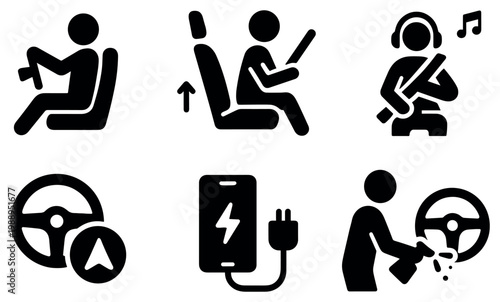 Car safety icons with seatbelt steering wheel simple black