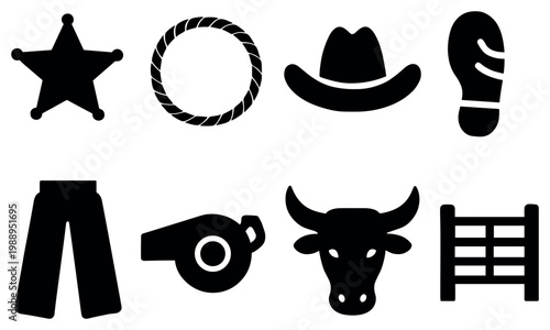 Western icons with hat sheriff star silhouette