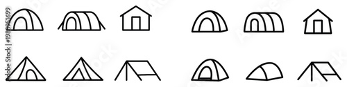Camping icons with tent shelter field outline