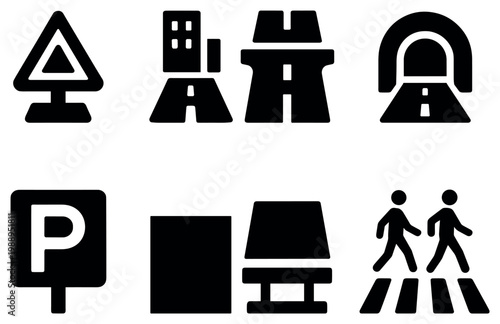 Transport icons with road tunnel parking flat