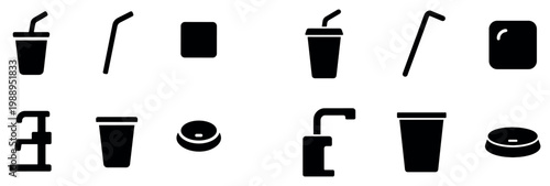 Beverage icons with cup straw lid minimal flat