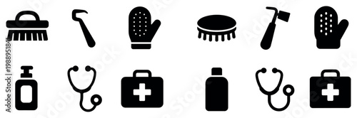 Health and grooming icons with brush mitten stethoscope minimal
