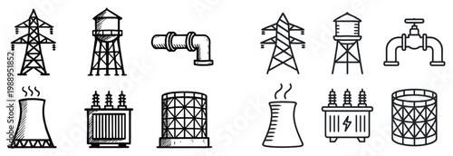 Energy icons with pylon pipe transformer outline