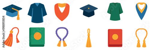 Graduation icons with cap gown tassel flat colorful