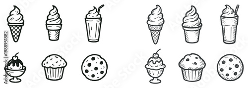 Dessert icons with ice cream and cup sketch style