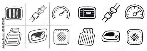Automotive icons with pedal seatbelt speedometer sketch