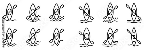 Kayak icons with paddle boat outline