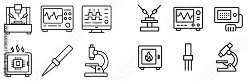 Technology icons with printer microscope oscilloscope outline